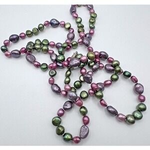 Baroque Pearl Necklace LONG 48" Signed Multi Color Layering Statement Clasp